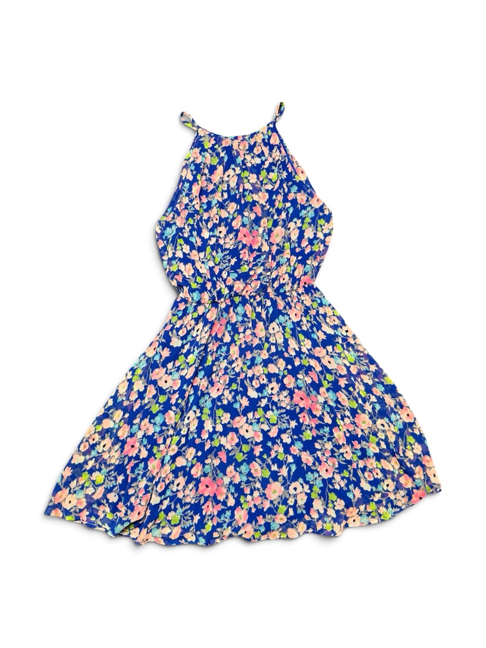 Lush Women’s XS Blue Floral Halter Neck Sleeveless Fit & Flare Dress